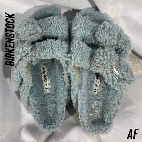 BIRKENSTOCK ARIZONA BIG BUCKLE SHEARLING SANDALS IN TEDDY FADED AQUA NWT SIZE 37 - Picture 3 of 6
